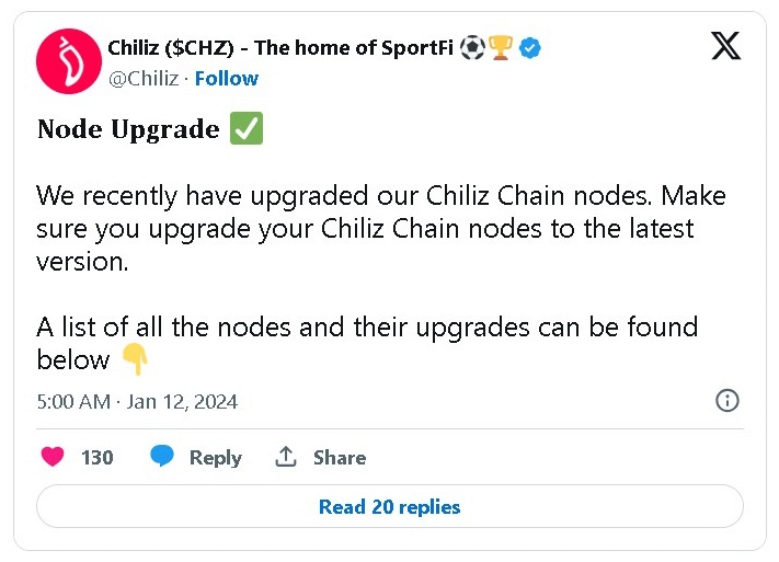 El pasado 12 de enero, Chiliz anunció en X la actualización exitosa de sus nodos Chiliz Chain.