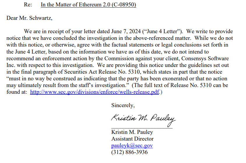 จดหมายของ SEC แจ้ง Consensys