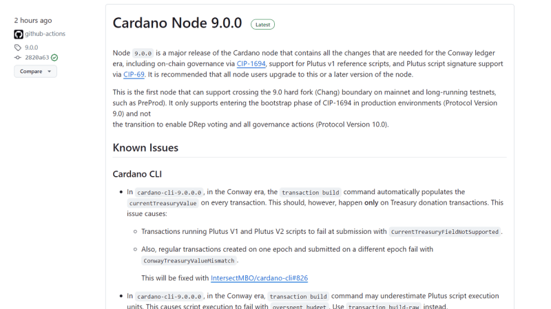 Cardano Node 9.0 notes. 