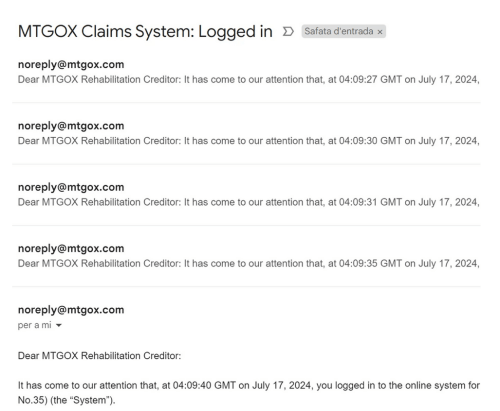 ภาพหน้าจอของอีเมลที่ผู้ใช้ Reddit พยายามเข้าสู่ระบบการยื่นคำร้องของ Mt. Gox 