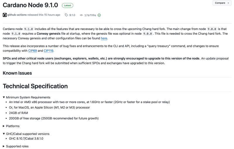 เอกสารประกอบ Cardano Node 9.1.0