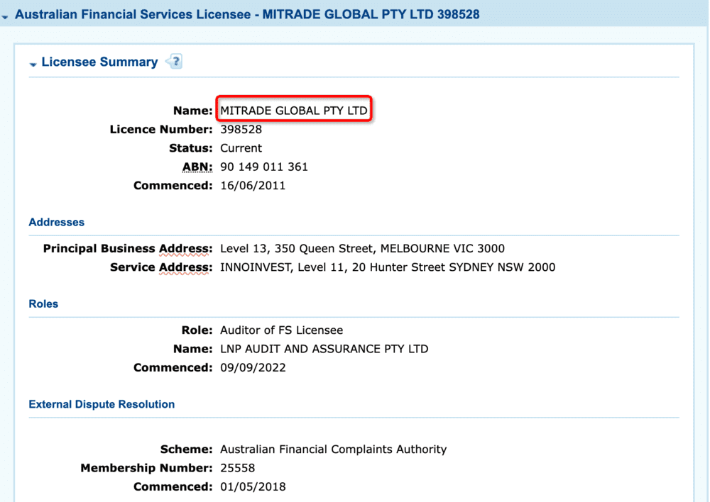 สถานะกำกับดูแลของ mitrade ภายใต้ ASIC