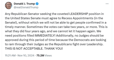 Trump ประกาศความตั้งใจที่จะแต่งตั้งบุคคลอื่นในช่วงปิดสมัยประชุมในคณะรัฐมนตรีชุดต่อไป