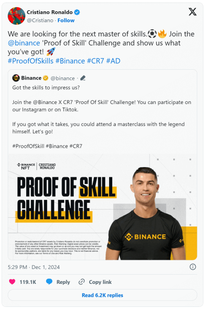 Binance และ Cristiano Ronaldo ได้ร่วมกันเปิดตัว “ForeverSkills”