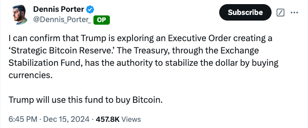 Dennis Porter ระบุว่า Trump กำลังศึกษาคำสั่งฝ่ายบริหารสำหรับการสำรอง Bitcoin เชิงกลยุทธ์ 