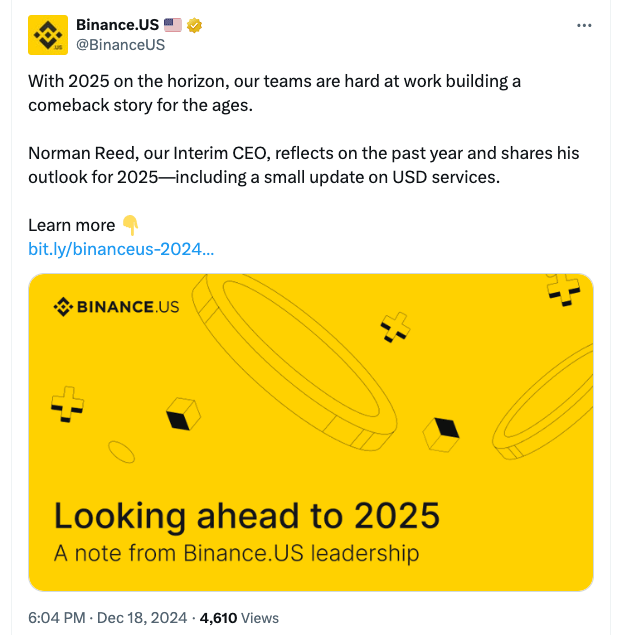 Binance.US ประกาศเตรียมตัวในการกลับมาสู่สหรัฐอเมริกาในช่วงต้นปี 2025