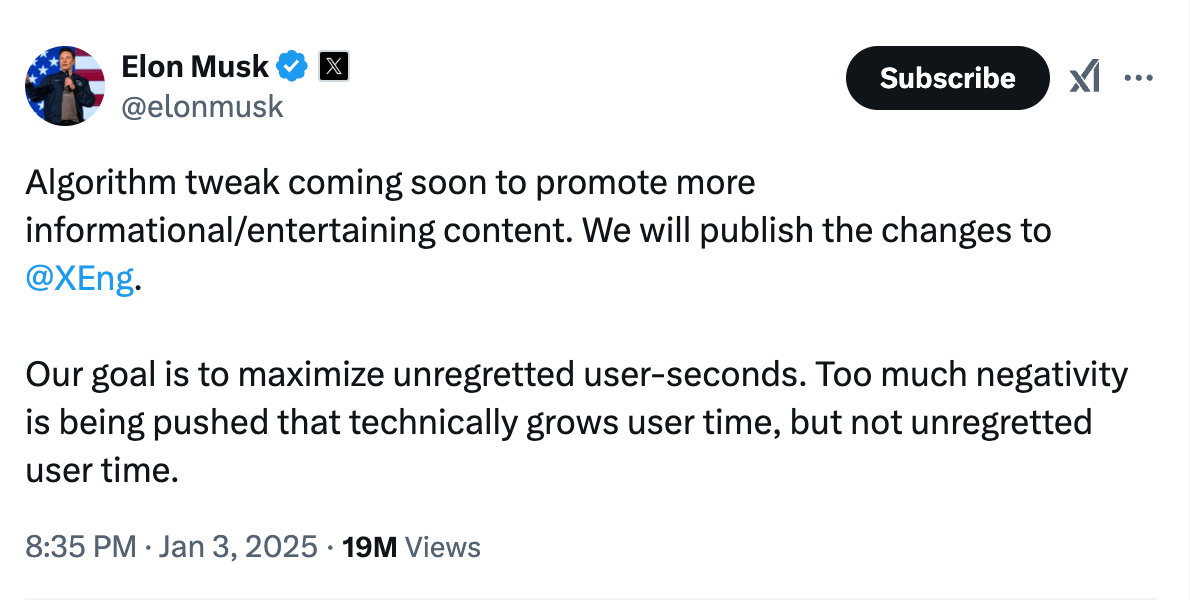 Elon Musk ประกาศการเปลี่ยนแปลงอัลกอริทึม X 