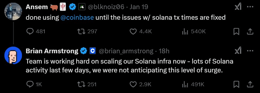 CEO ของ Coinbase พูดถึงความล่าช้าของธุรกรรม Solana