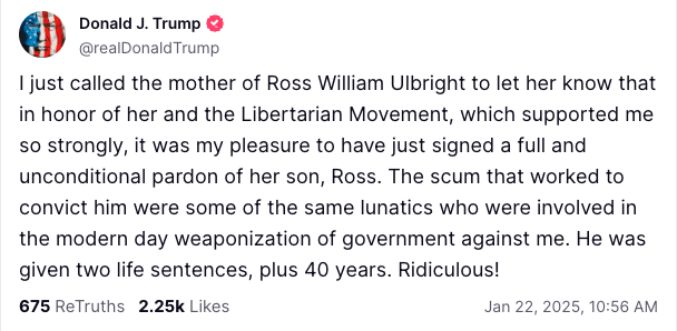 Trump ประกาศการตัดสินใจอภัยโทษ Truth Ulbricht